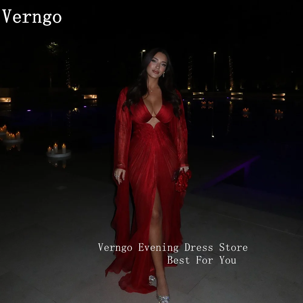 

Verngo Red Shiny Evening Dress V Neck Mermaid Pleated Prom Gowns Luxury Night Side Slit Party Dress Arabia Customized