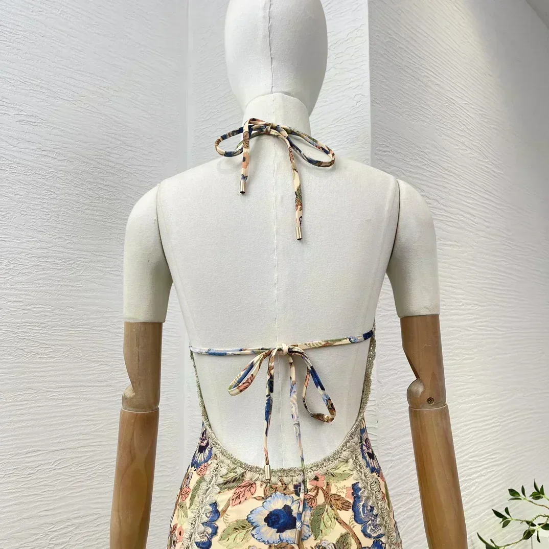 

2024 New High Quality Stretchable Overall Self Tie Back Floral Print Sleeveless Lace-up Women Bodysuit Swim Wear