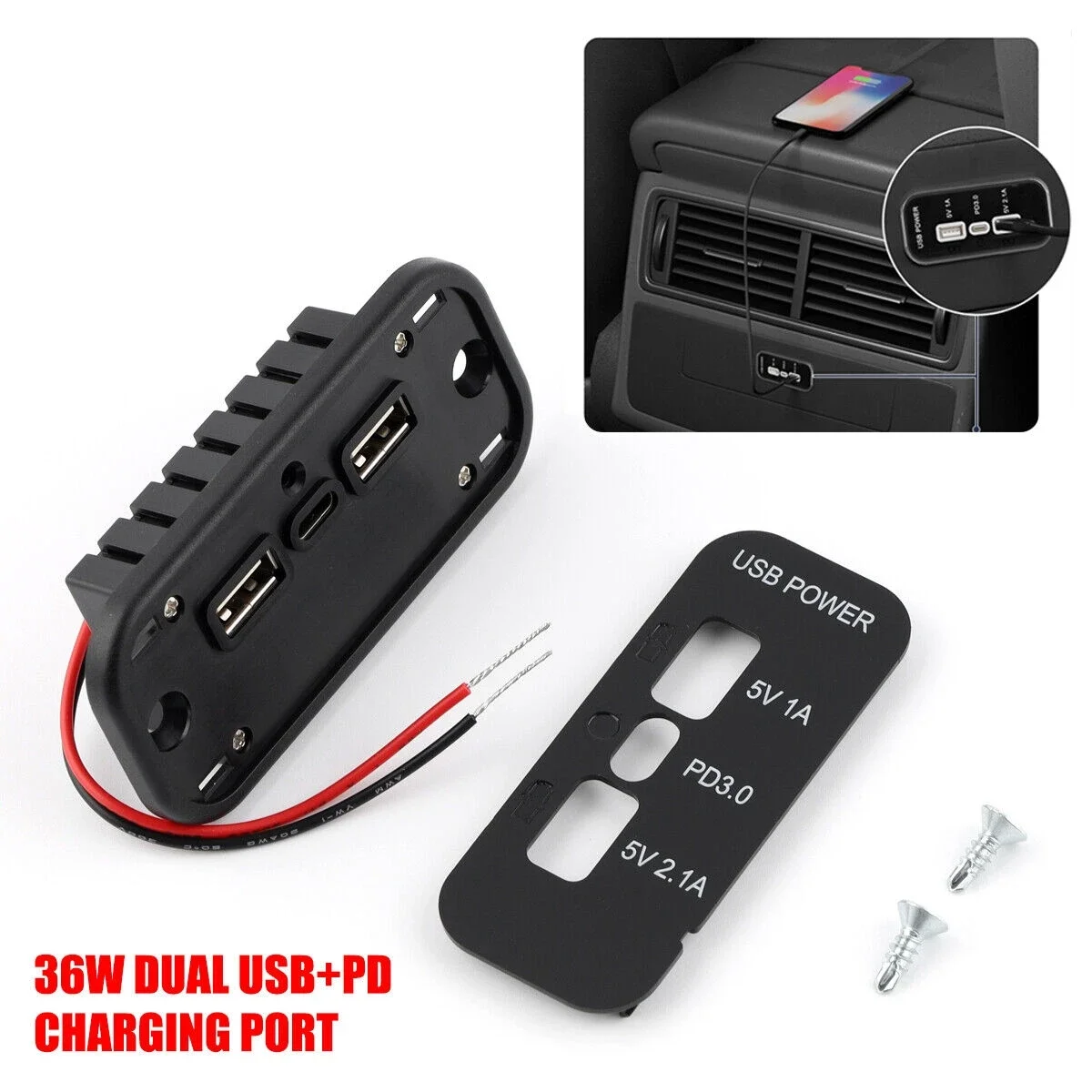 

12V-24V Car Charger DUAL USB+PD Adapter Power Socket Charging 3 Ports Panel 36W for Motorcycle Camper Truck ATV Boat Car RV