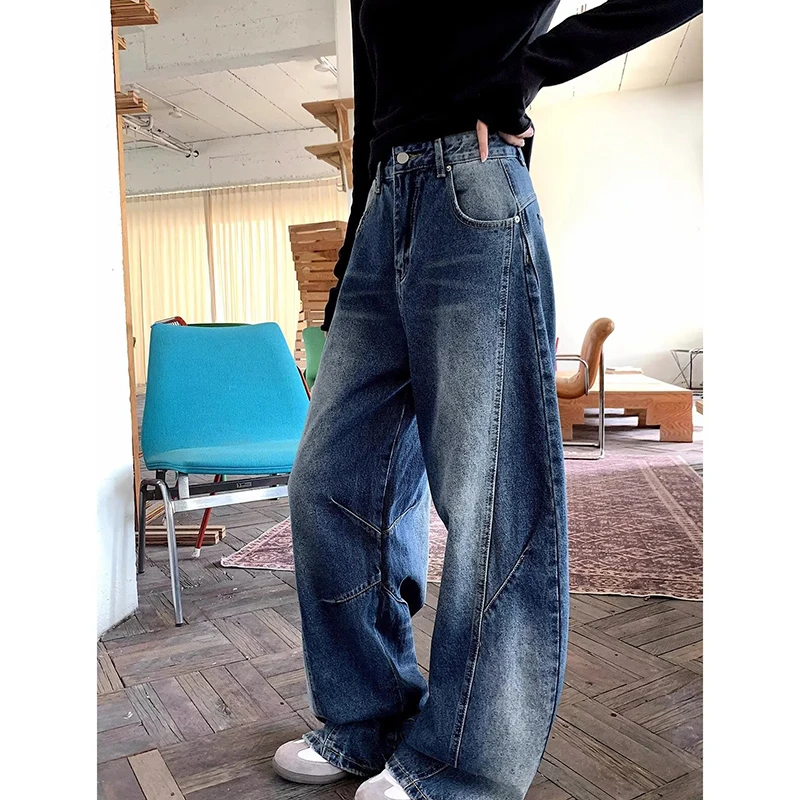 Damskie jeansy oversize w kolorze ciemnoniebieskim w stylu Y2K, szerokie nogawki, vintage Harajuku, dżinsy w stylu retro amerykańskim z lat 2000, spodnie boyfriend jeans.