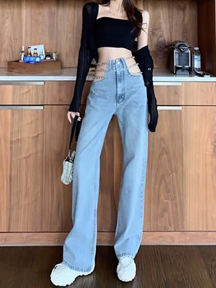 Sexy Hollow Out Chain Streetwear Jeans for Women Summer High Waist Loose Harajuku Straight Denim Pants Fashion Korean Y2K Jeans