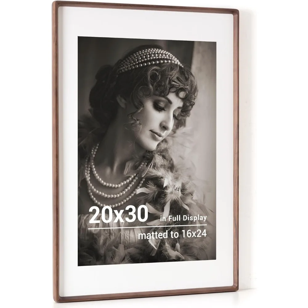 

20x30 Poster Frame, Walnut Wood Picture Frame with HD Tempered Glass, Handcrafted Frame Matted To 16x24 Photos