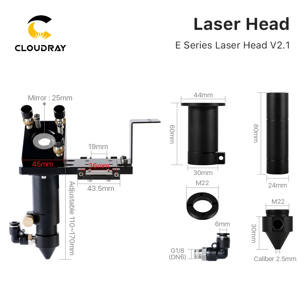Cloudray E Series: CO2 Laser Head for Lens D18mm FL38.1 D20mm FL50.8 & 63.5 & 101.6 MM Mirror 25mm for Laser Cutting Machine
