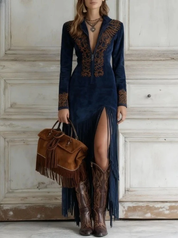 Long Sleeve Tassel Patchwork Maxi Dress for Women Autumn Half-Zip Lapel Collar Party Dress Ethnic Style Simple Ladies Dresses