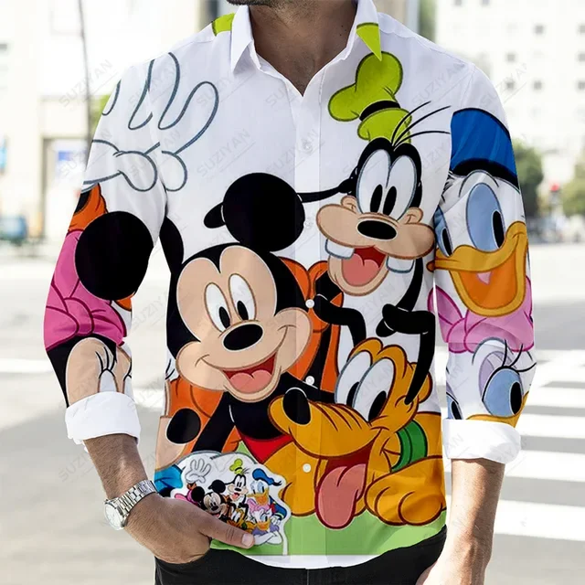 Camisa de botão disney mickey mouse masculina, blusa casual de lapela, pato Donald e pateta, nova moda outono