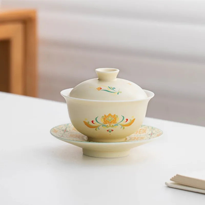 

Chinese Retro Ceramic Gaiwan Handmade Flowers Pattern Tea Tureen Household Teacup Travel Portable Teaware Accessories 110ml
