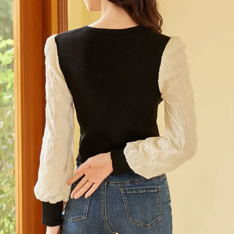 Spring Autumn French Style Square Neck Lace Patchwork Long Sleeve Knitting Pullovers Women Contrast Color Casual All-match Tops