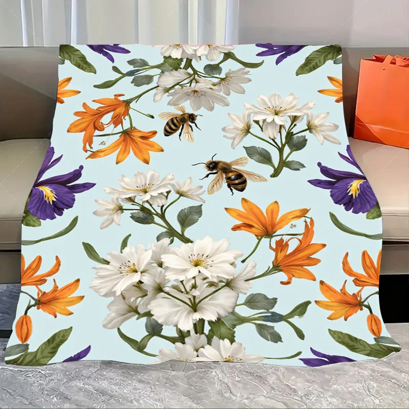 

1pc Flannel Blanket "Bee & Floral Print Soft Blanket for Cozy Home Decor"