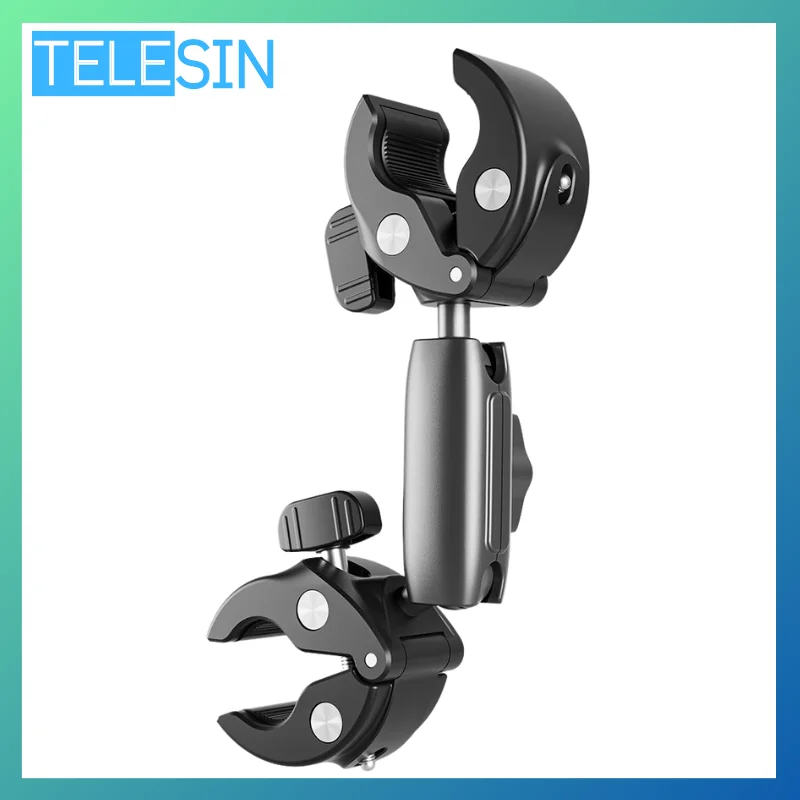 TELESIN Double-headed Crab Clamp Aluminum Bike Motocycle Pipe Shooting Mount For Insta360 GoPro 9 10 11 Action Camera Accessory