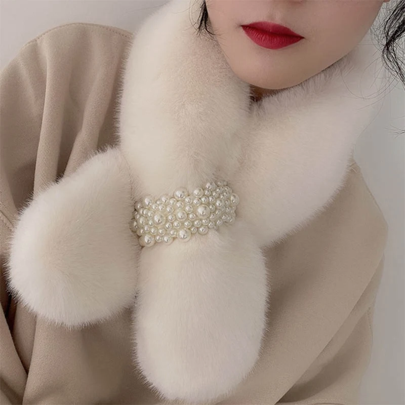 

New Fashion Pearl Buckle Scarf Women Cross Scarf Soft Plush Winter Warm Neck Elegant Faux Rabbit Fur Collar Ladies Snood Scarf