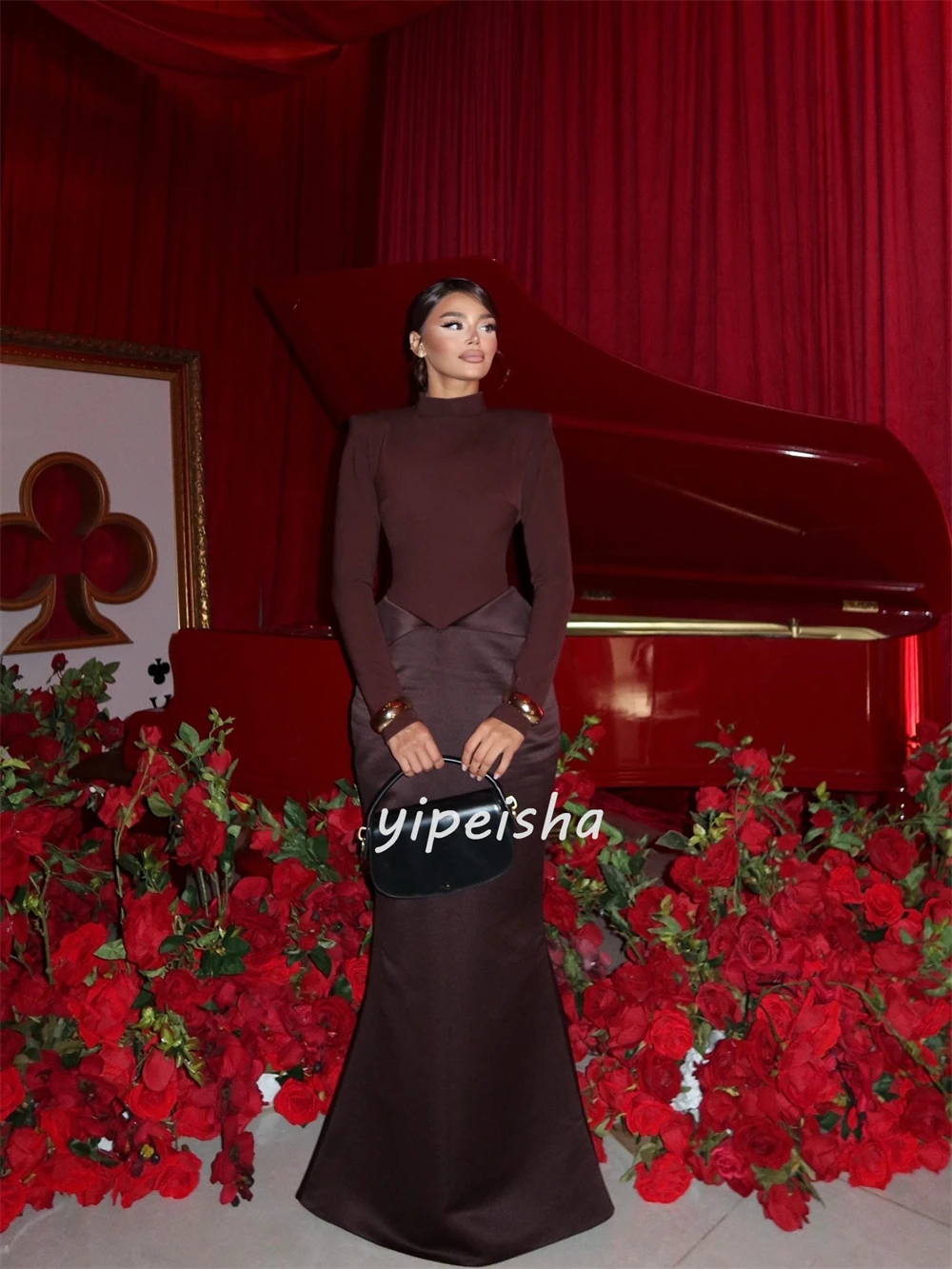 Customized Matching Simple Charmeuse Ruched Pleat Mermaid High Collar Long Dresses Bespoke Occasion Dresses Sizes Available Sexy