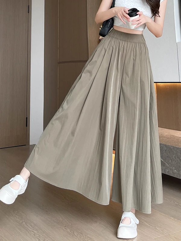 Koreaanse Sle Hoge Taille A-lijn Midi Rok Broek Vrouwen Zomer 2025, Nieuwe Losse Wijde Pijpen Ijs Zijde Broek Casual Broek