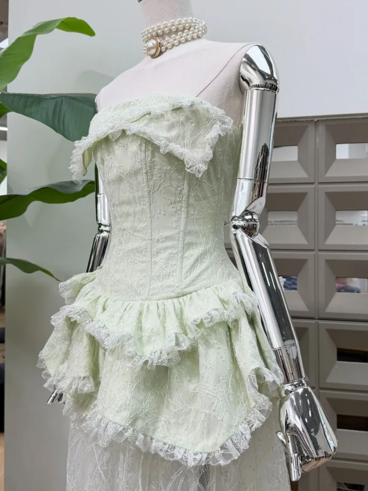 Dfdg feminino primavera luz verde sem alças espartilho vestido em camadas plissado elegante festa formal wear 2025 na moda roupa feminina vestido