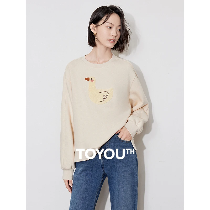 

TOYOUTH Women Hoodies Sweatshirt 2024 Autumn and Winter New Duck Pattern Off Shoulder Round Neck Versatile Pullover Tops