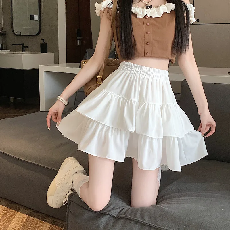 

Women's Tiered Ruffle Mini Skirt Elastic Waist A Line Flared Cake Skirt
