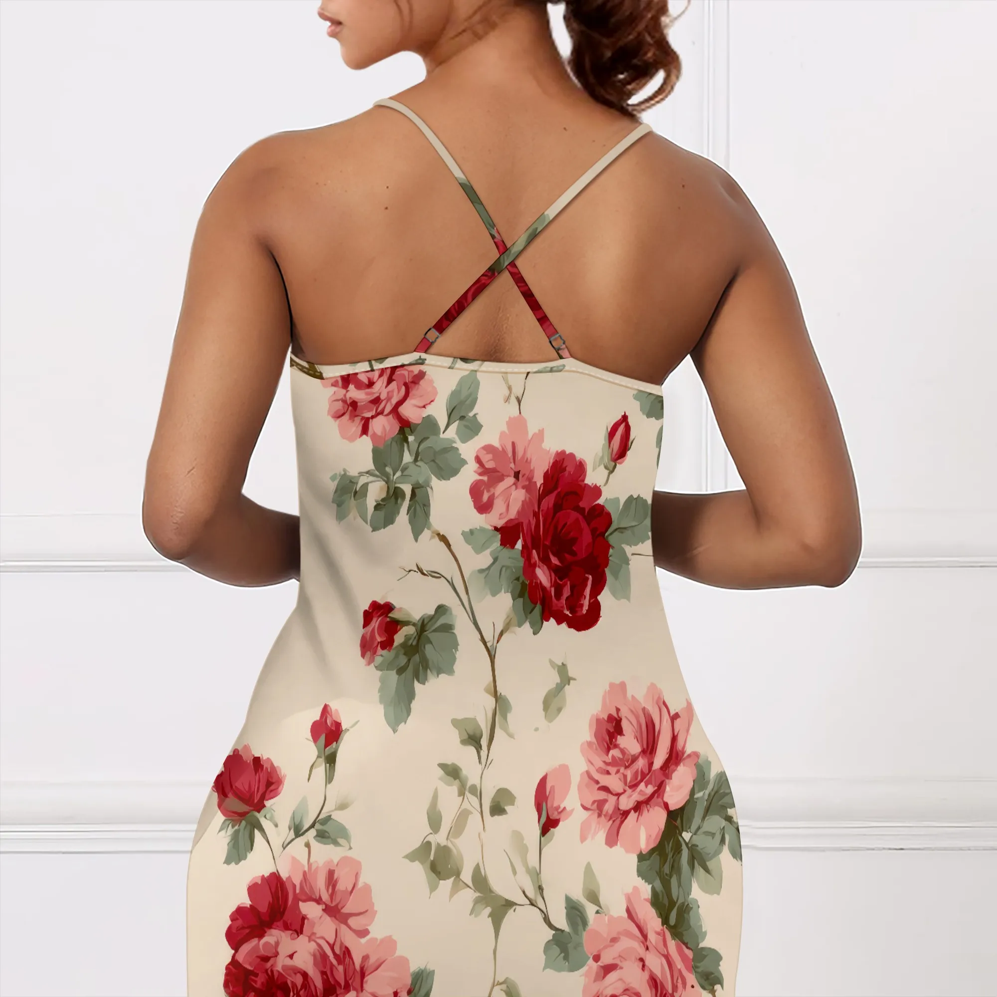 Retro สีชมพูกุหลาบสปาเก็ตตี้ชุดผู้หญิงฤดูร้อนสบายๆ V คอยาว Maxi Dress Sundress
