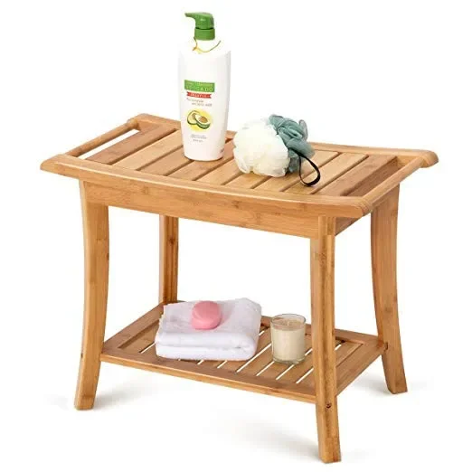 

Bamboo Shower Bench seat with Storage Shelf, Bath Shower Stool for Adults Inside Shower seat Natural