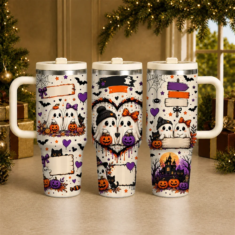 Spooky Ghost Friends Vacuum Flasks 40oz Stainless Steel Insulated Tumbler with Handle & Straw Lid, Leakproof Travel Cup
