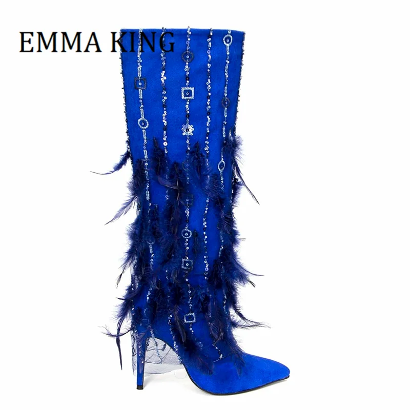 

Women Feather Fringe Knee High Boots Bling Sequin Embellishment Stiletto Boots Female Pointed Toe Side Zipper Faux suede Shoes