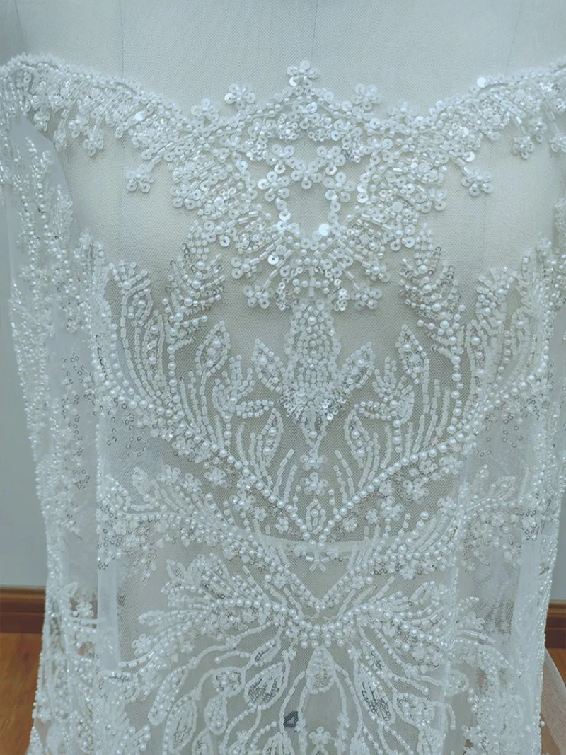 Exquisite Heavy Work Fully Beaded Soft Lace Tulle Fabric Clothing Accessories for DIY Wedding Dress and Party Wear Decoration