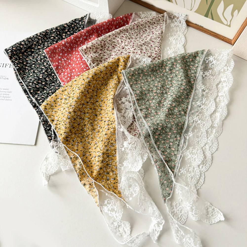 Ins Lace Floral Hair Scarf Women Triangle Bandana Hair Band Strap Hair Bag Headscarf Hat Travel Photo Headband Turban Accessory