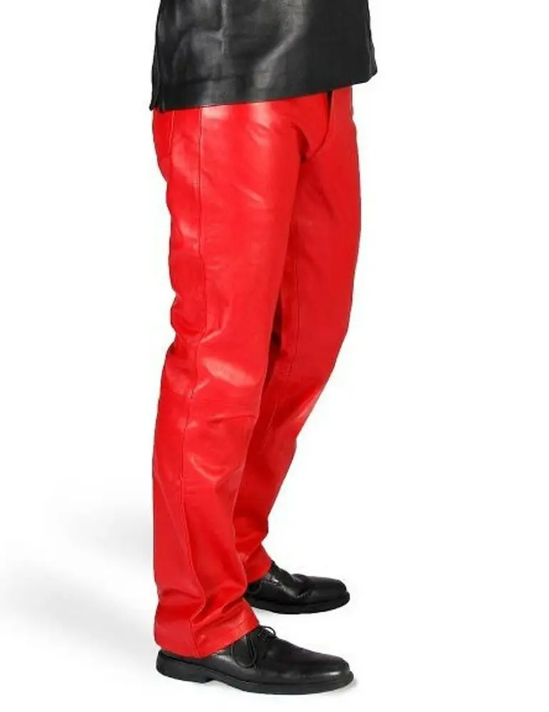 Mens Leather Pant 100% Real Lambskin Red Leather Casual Jeans Pant European and American Fashion Trends