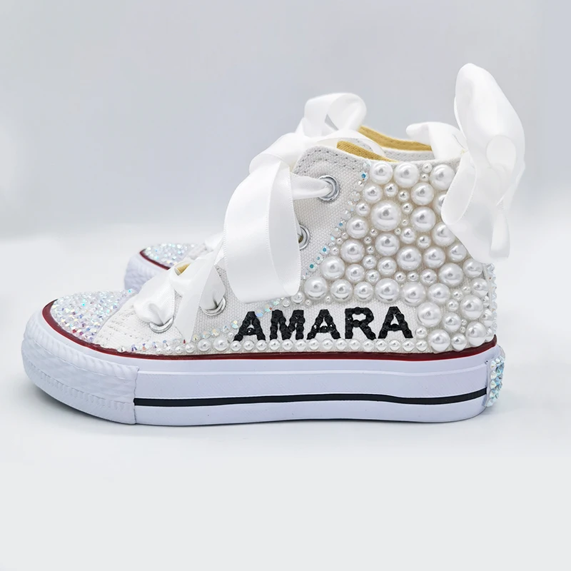 Name Custom Design Kids Shoes For Girl Communion Birthday Party Canvas Dollbling Handmade Bling Rainbow Pearls Sneakers