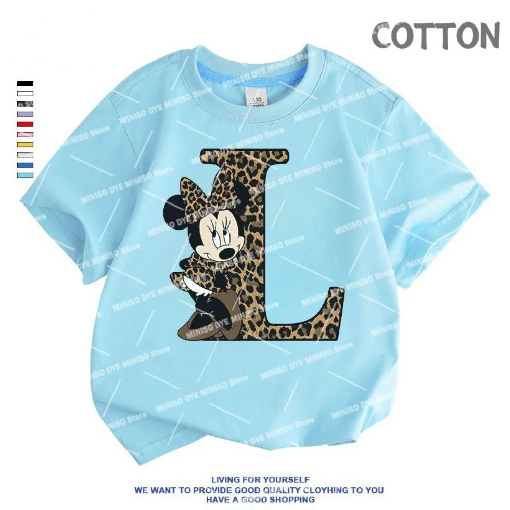 Disney-Camiseta de manga corta con estampado de dibujos animados para niño y niña, camisa informal con letras de Minnie ABCD, color azul, a la moda