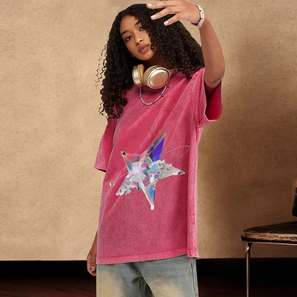 

Graphic Tee Holographic Crystal Tee 100% Cotton High Quality Oversize Washed Tee Colorful Crystal Star Print Edgy Y2K Style