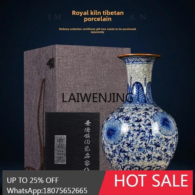 مزهرية سيراميك LYN Jingdezhen مرسومة يدويًا بفرن رسمي وزجاجة من البورسلين الأزرق والأبيض #3