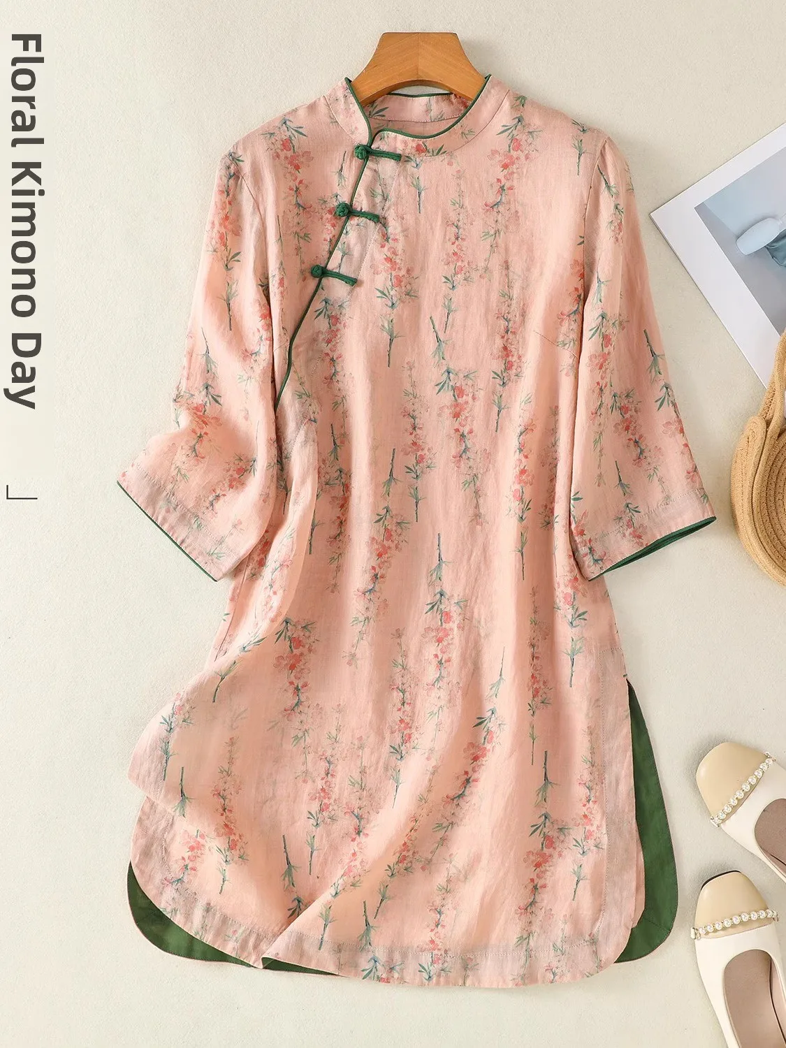 ريترو Sle المرأة الكتان irt زر حتى مطبوعة ميدي طول تعديل القطن الكتان الأعلى الصينية الجديدة Sle