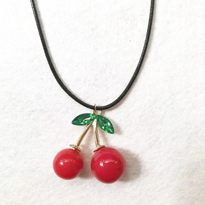 Lolita Fashion Fruit Crystal Red Cherry Pendant Necklace For Women Choker Wax Cord Rope Necklace Jewelry Holiday Gift Party