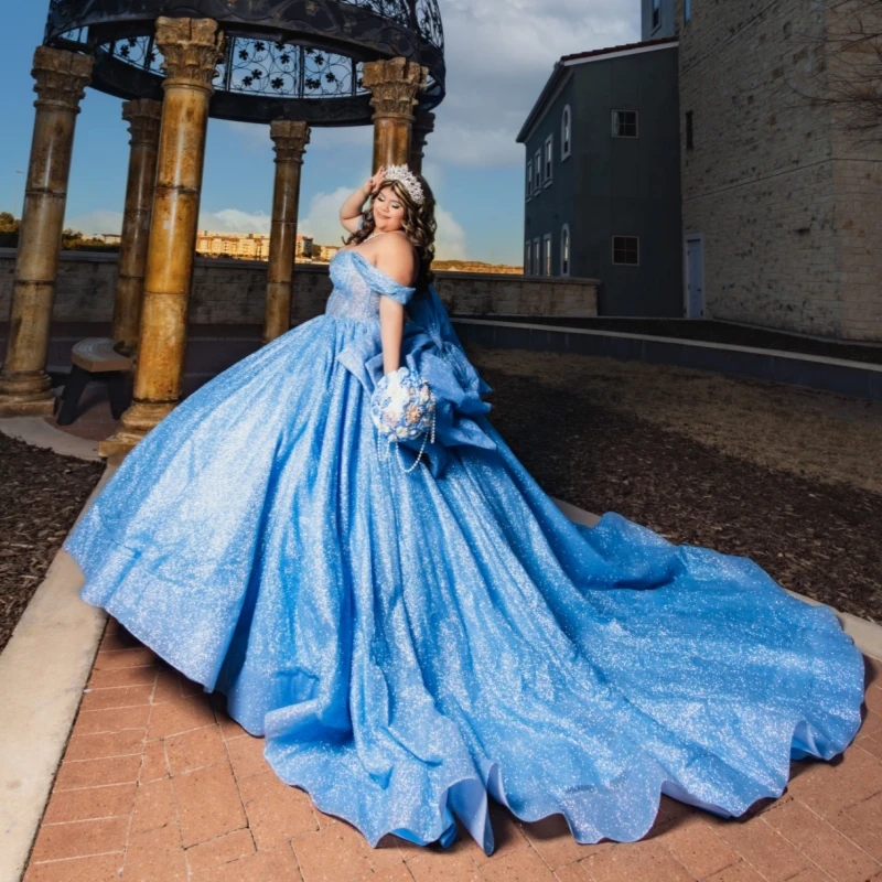 

Blue Shiny Ball Gown Quinceanera Dresses Bow Tull Corset Off Shoulder Sweet 16 Dress Vestidos 15 De Anos