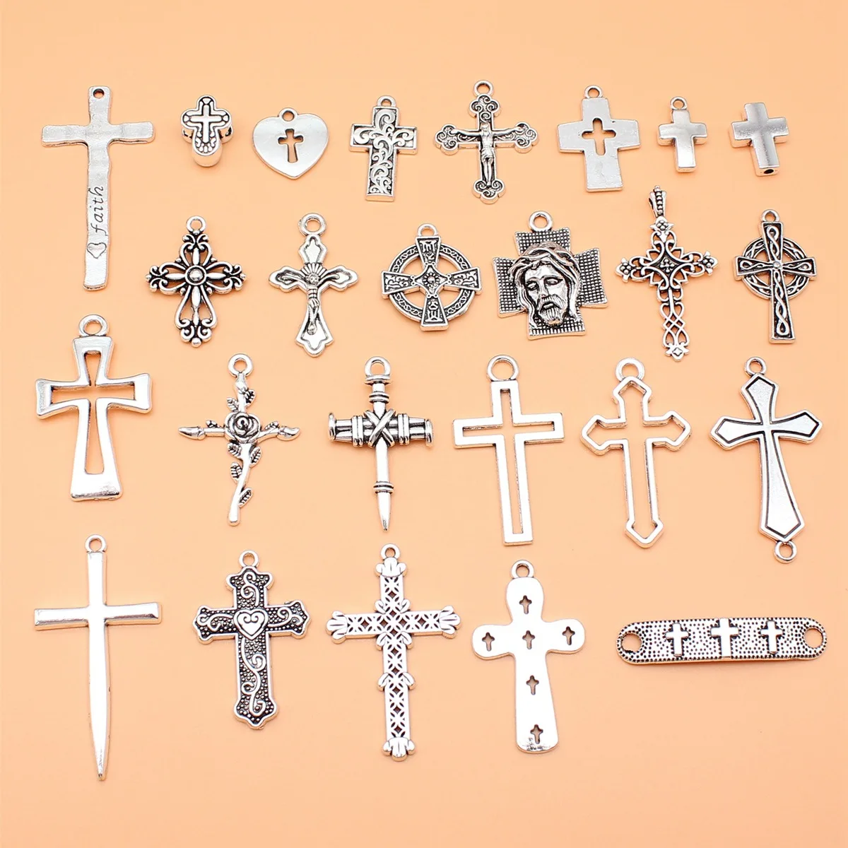 WYSIWYG 25pcs Antique Silver Color Cross Charms Collection For DIY Jewelry Making, 25 Styles, 1 of Each