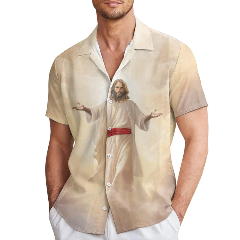 

Men's Shirts 3D God Jesus Print Clothes Fashion Button Short Sleeve Lapel Christian Clothing Unisex Shirt Hawaiian Blouse Tshirt