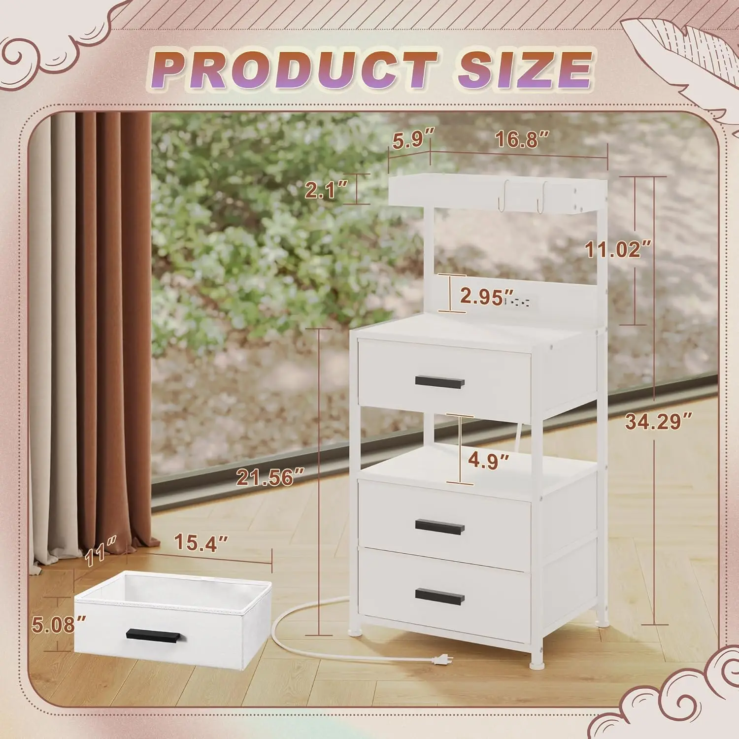 

Тумбочка, комод с 3 ящиками, светодиодной подсветкой и зарядной станцией, вертикальный приставной столик с тканевыми ящиками, торцевой столик, прикроватная тумбочка