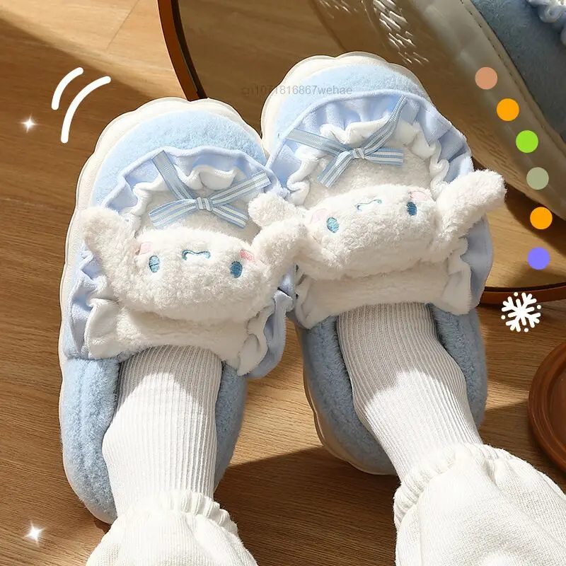 Sanrio Kuromi Cinnamoroll Hello Kitty Melody Cover Heels Plush Cotton Slippers Women\'s Winter Home Cute Flat Heel Cotton Shoes