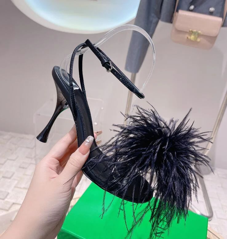 Ostrich Hair Gladiator Sandals Woman 2023 Sexy Ankle Strap Thin Heel Feather Sandals Ladies Summer Party Shoes Celebrity Sandal