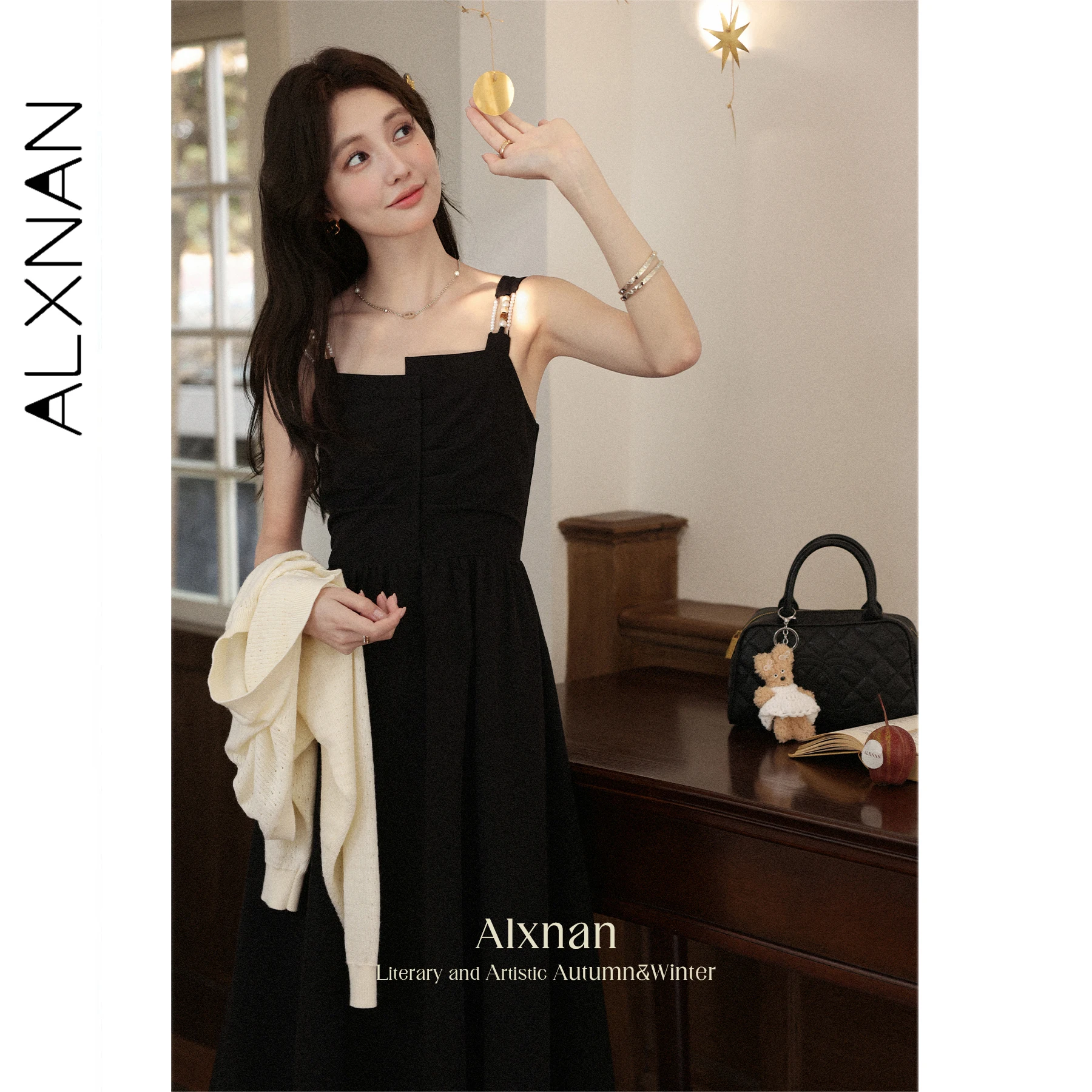 

ALXNAN Black Sleeveless Dress Women Long Beaded Strap Waist Dress 2025 Autumn Holiday Beach Party Casual Female Clothing L56765