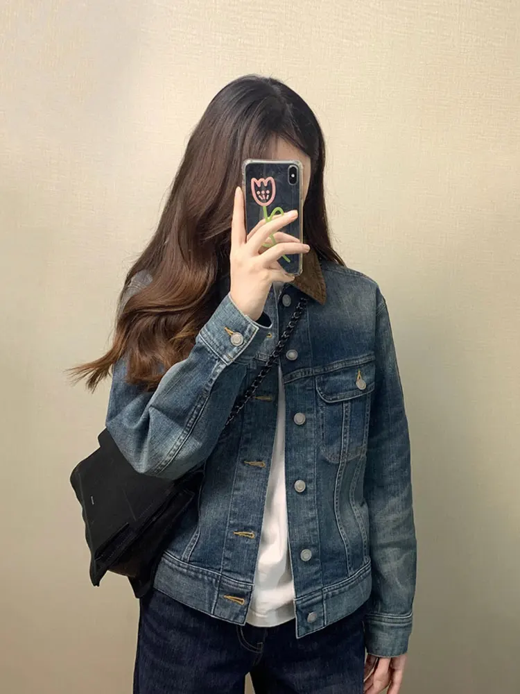 

Sli American Retro Denim Jaet Ele Commute Faion Small Size Quirky ort Coat Beautiful Autumn 2025 Trend