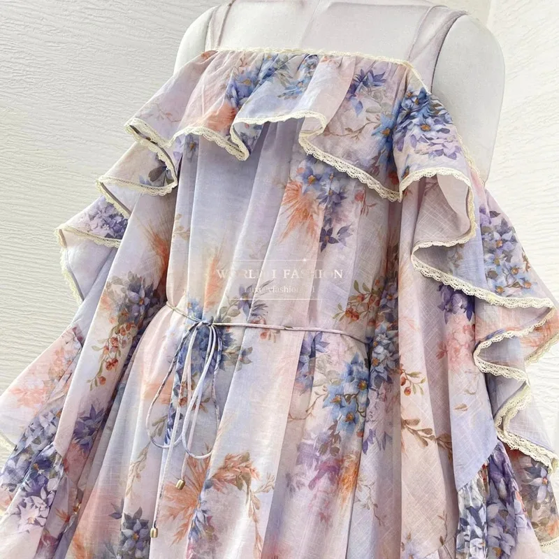 Violet Purple Petal Sleeves Floral Print Long Sleeve Ruffles Frilled Off The Shoulder Mini Dress
