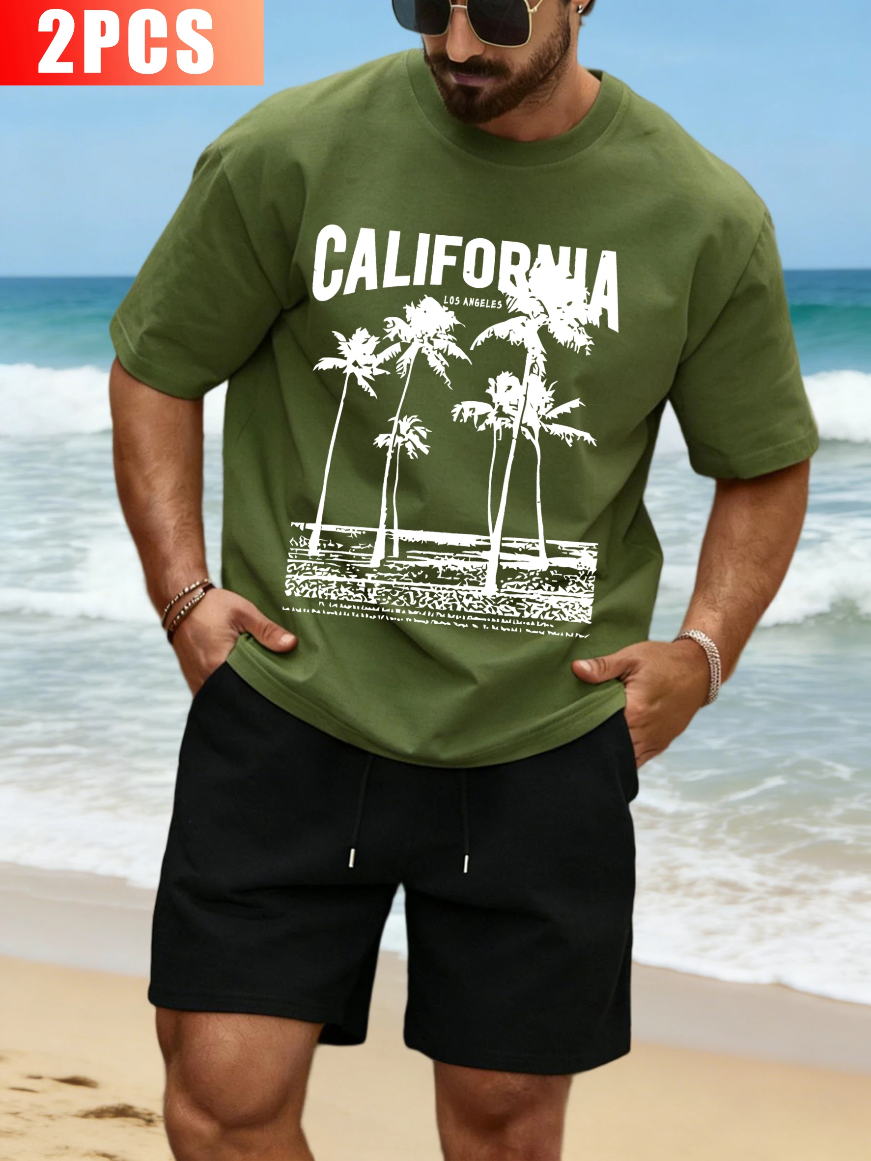 

California Seaside Coconut Trees Men Sportset O-Neck Summer Cotton Tee Loose Wide-Leg Shorts Unisex All-Match Pocket Sportswear