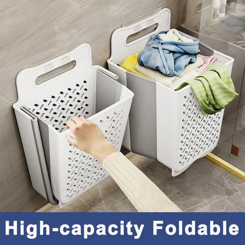 Folding Dirty Clothes Storage Basket Wall Mounted Hanging Portable Punch-Free Clothes Bucket Organizer Bathroom Laundry Basket