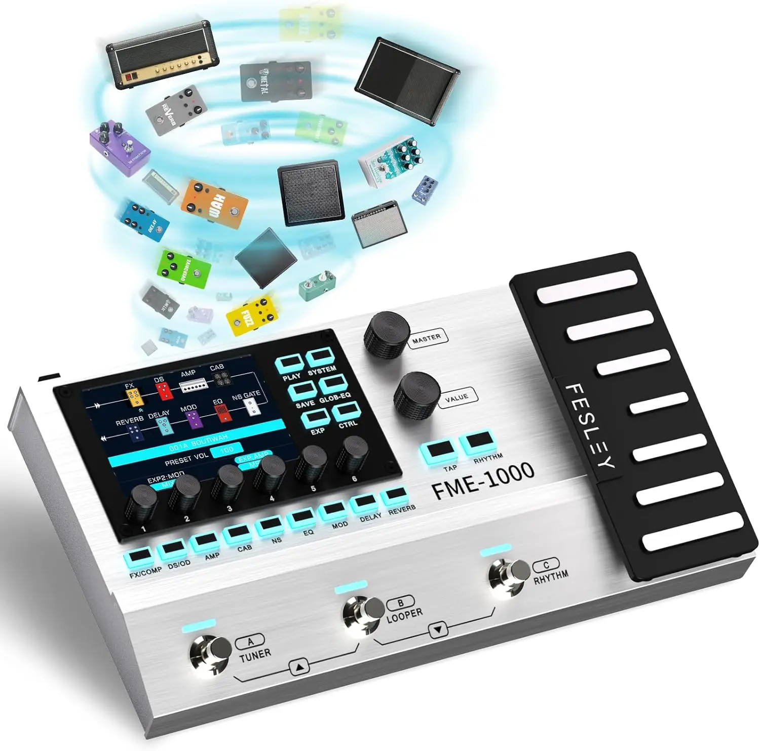 Fesley Multi Effects Guitar Pedal:Multi-effects Guitar Workstation with 61 Amp Modeling,157 Effects,3.5‘ screen,IR Manager,etc