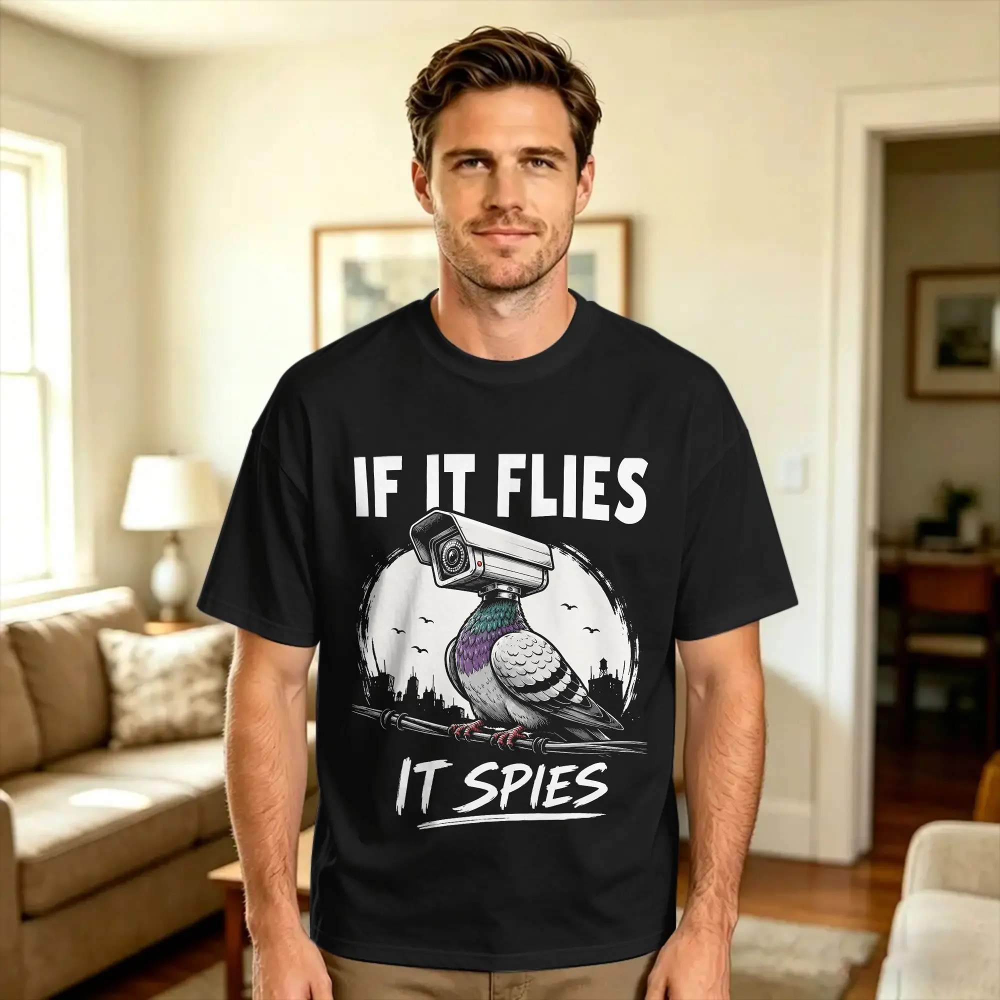 Men T-Shirt If It Flies It Spies Funny Spy Pigeon Conspiracy T-Shirts Fashion  Summer Tees Vintage Cotton Clothes Birthday Gift