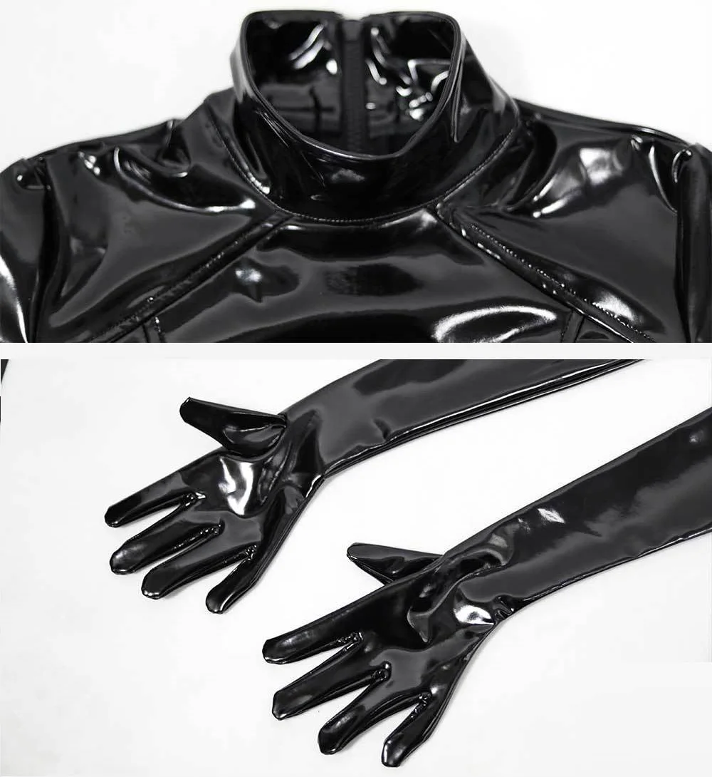 Shiny PVC Leather Jumpsuit Women\'s Zipper Open Crotch Tights Seductive Long Sleeve Separate Fingers Bodysuit Sexy Cosplay