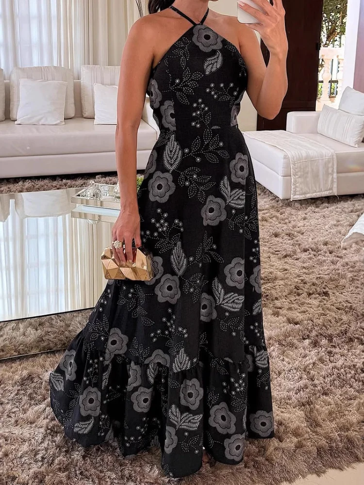 

Летнее женское длинное платье трапециевидной формы без рукавов Three Sisters с высокой талией и открытыми плечами, праздничное элегантное платье с лямкой на бретельках с принтом