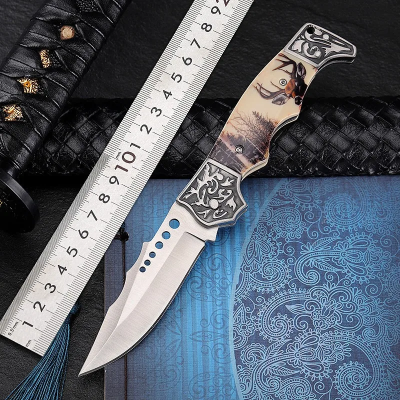 

Outdoor Tactical Hunting Knife High Hardness Folding Knife ABS Printed Pocket Knife Collectible Tool