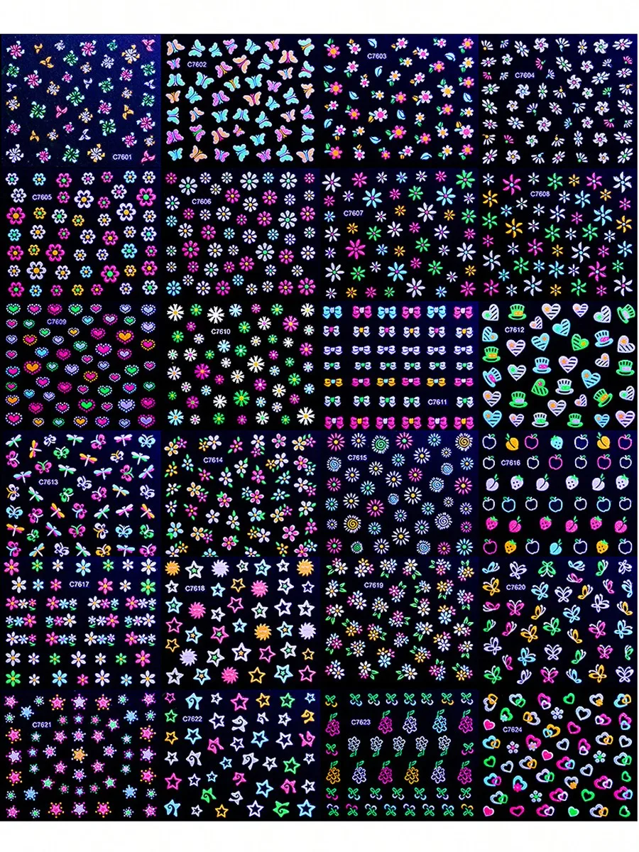 Glow in The Dark Neon Nail Stickers Glittery Glossy Self-Adhesive Nail Art Stickers Butterfly Love Heart Flower Nail Art Decor