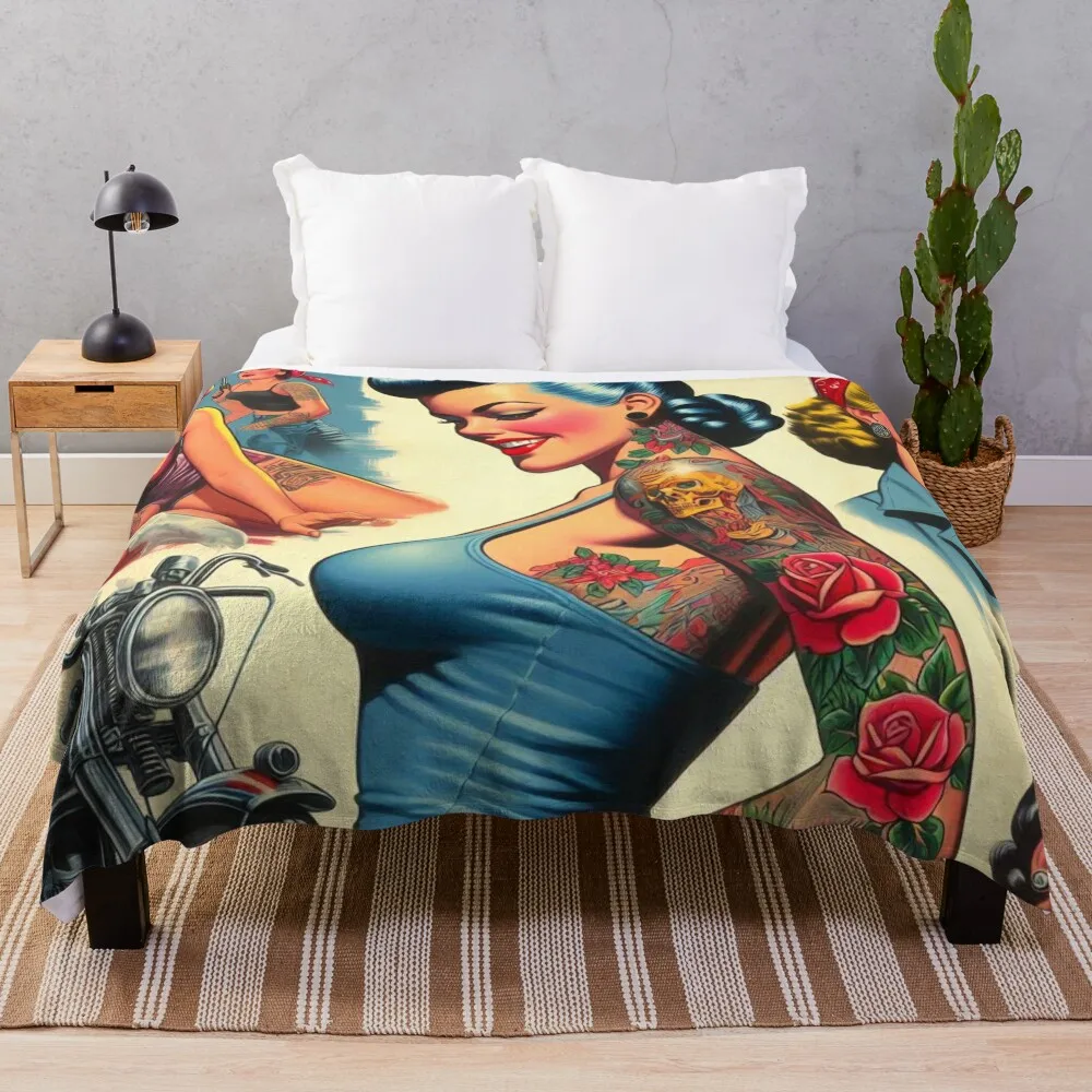 Cute Inked Pin-up Throw Blanket Multi-Purpose Sofa Flannel Fabric Personalized Gift Blankets